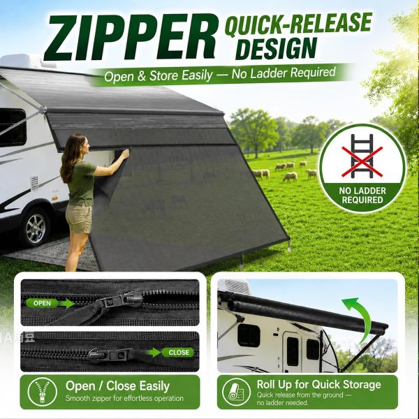 RV Awning Sun Shade Screen with Zipper 8'x16'3'' Fit 17' RV Awning | UV Blocker, Privacy & Airflow, Heavy-duty Breathable Mesh Fabric, Durable Weather Resistant, Fits Standard RV Patio Awnings