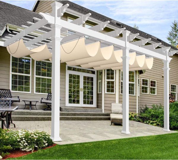 Windscreen4less 4' x 16' Waterproof Retractable Sun Shade Canopy Cover Sliding Wave Shade Sail for Pergola Patio Deck Yard Gazebo Outdoor (Beige)