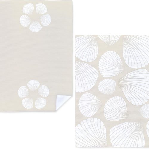 Neutral Beach Kitchen Towels, Coastal Beachy Dish Tea Towels for Kitchen Decor, Beige White Seashell Nautical Hand Towels for Bathroom, Seashell Bathroom Decor, 16x24 Inch Set of 2