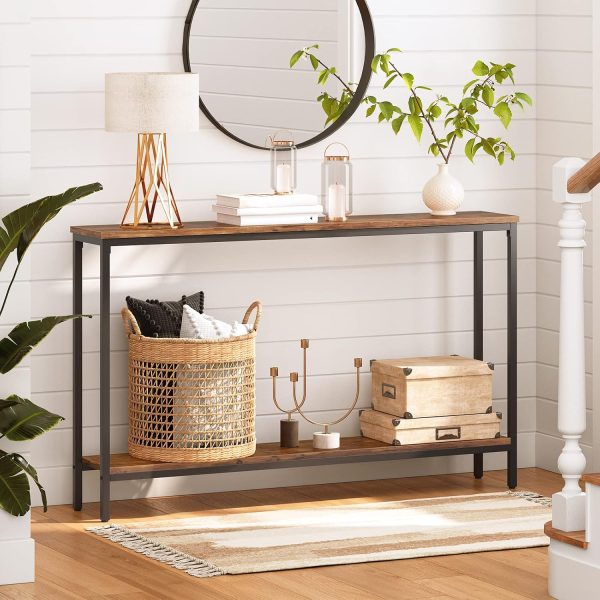 HOOBRO Console Table, 47.2" Narrow Entryway Table, Sofa Table with Shelf, Entrance Table for Living Room, Hallway, Foyer, Corridor, Office, Metal Frame, Rustic Brown and Black BF20XG01G1