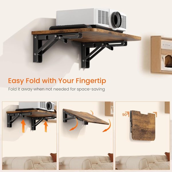 Homode Projector Shelf for Wall, Foldable Floating TV Shelf, Rustic Brown | Wall Mount DVD Shelf with Heavy-Duty Brackets Under TV for Cable Box, Games Console, 16.5 x 11 Inches