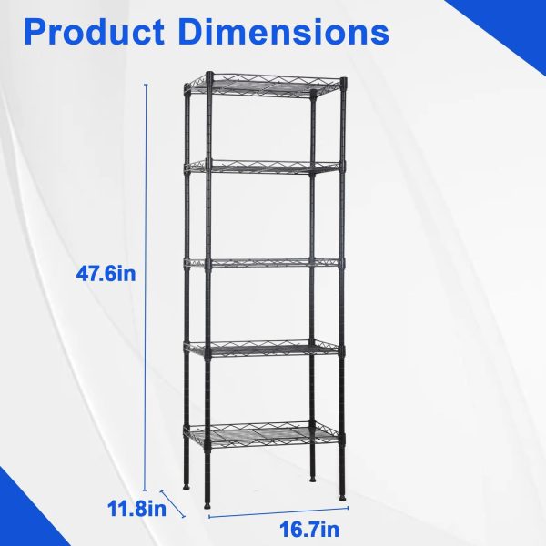 WF1794MAX_3 FDW | 5-Tier Wire Shelf | 17" x 12" x 48" | Black | Storage Shelves with Adjustable Racks, Holds upto 750 lbs | Rust-Resistant, No-Tool Assembly | For Home, Garage