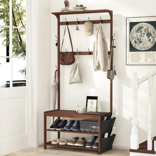 AMBIRD Hall Tree with bench and shoe storage, Entryway Bench with shoe storage, 6-in-1 Coat Rack with Cloth Bag and 12 Coat Hooks, Sturdy Bamboo Frame, Brown 31 * 15 * 70 Inches