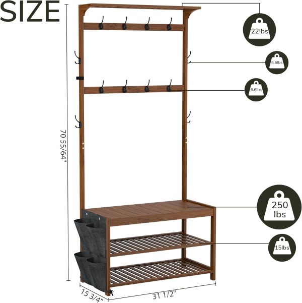 AMBIRD Hall Tree with bench and shoe storage, Entryway Bench with shoe storage, 6-in-1 Coat Rack with Cloth Bag and 12 Coat Hooks, Sturdy Bamboo Frame, Brown 31 * 15 * 70 Inches