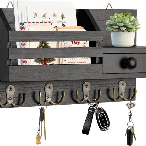 Key Holder Wall Mount, Wooden Key and Mail Organizer, Black