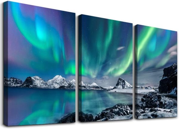 MHARTK66 Wall Art for Bedroom Wall Decor for Living Room Office Decor Abstract Mountain Aurora Landscape Painting 3 Piece Scenic Framed Canvas Art Prints Ready to Hang Kitchen Wall Pictures Home Decor