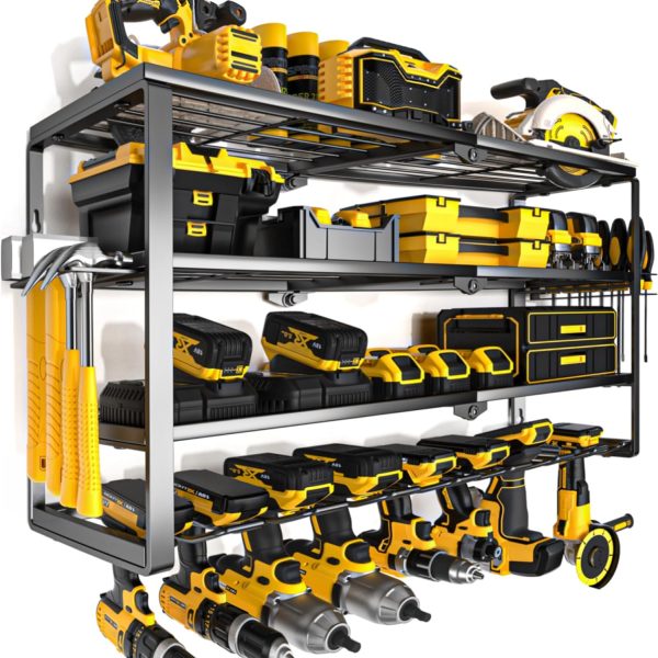 WF2654MAX_1 YYR 4 Layer Power Tool Organizer Wall Mount, Cordless Drill Hanger Storage Rack, Battery Tools Holder with Charging Station Shelf for Garage Organization, Workshop, Pegboard, Shed - 32 Inch 8 Slots