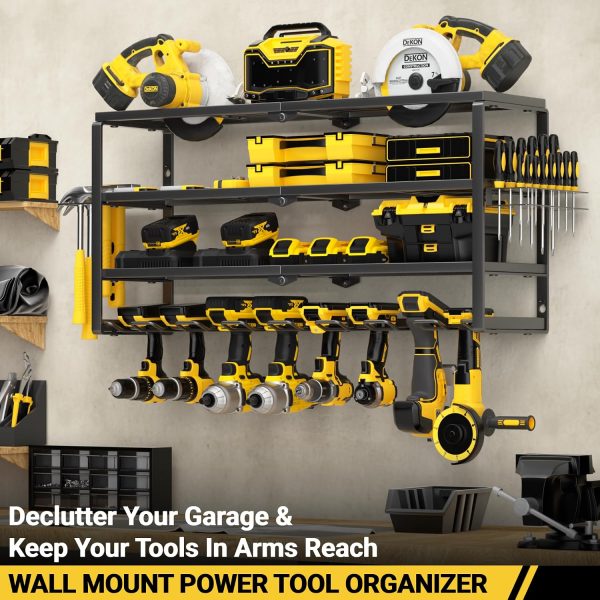 WF2654MAX_2 YYR 4 Layer Power Tool Organizer Wall Mount, Cordless Drill Hanger Storage Rack, Battery Tools Holder with Charging Station Shelf for Garage Organization, Workshop, Pegboard, Shed - 32 Inch 8 Slots