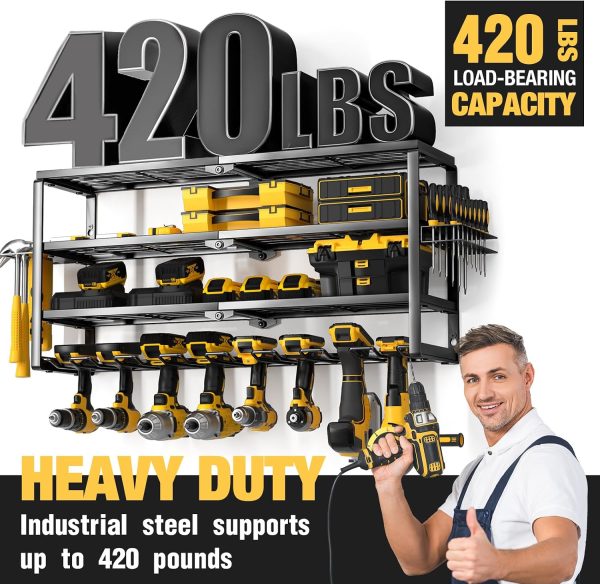 WF2654MAX_4 YYR 4 Layer Power Tool Organizer Wall Mount, Cordless Drill Hanger Storage Rack, Battery Tools Holder with Charging Station Shelf for Garage Organization, Workshop, Pegboard, Shed - 32 Inch 8 Slots