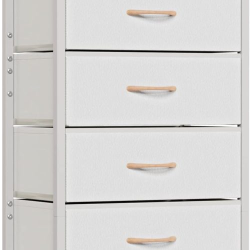 White Tall Dresser for Bedroom, 5 Fabric Bins Tall Nightstand | Dorm Dresser, Vertical Storage for Closet, Chest of Drawer for Entryway, Nightstand Bedside Table, Metal Frame,Wood Top