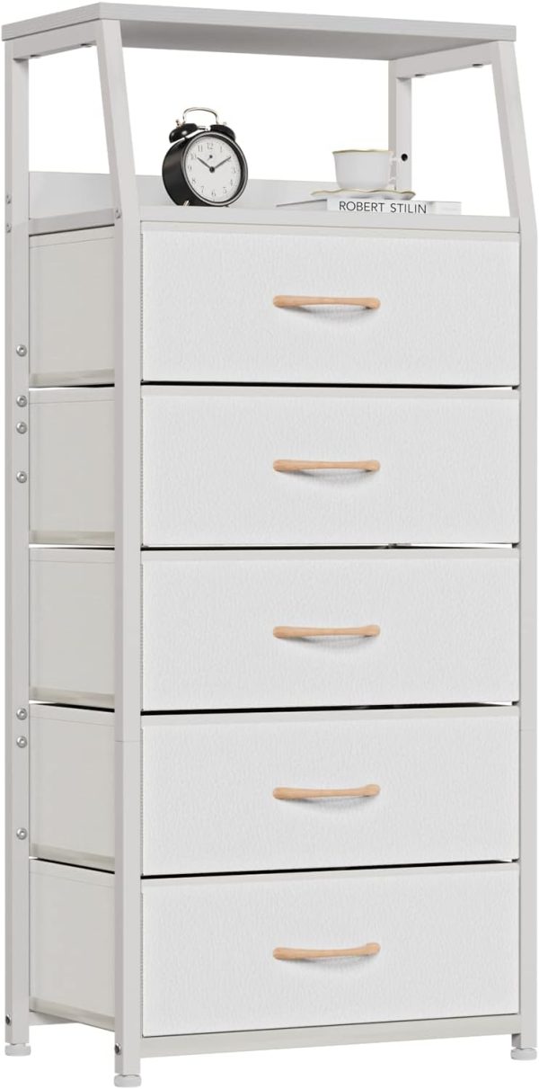 White Tall Dresser for Bedroom, 5 Fabric Bins Tall Nightstand | Dorm Dresser, Vertical Storage for Closet, Chest of Drawer for Entryway, Nightstand Bedside Table, Metal Frame,Wood Top