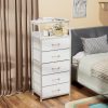 White Tall Dresser for Bedroom, 5 Fabric Bins Tall Nightstand | Dorm Dresser, Vertical Storage for Closet, Chest of Drawer for Entryway, Nightstand Bedside Table, Metal Frame,Wood Top
