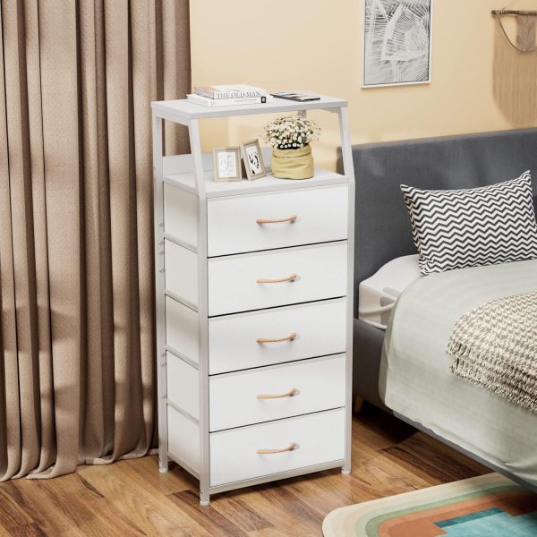 White Tall Dresser for Bedroom, 5 Fabric Bins Tall Nightstand | Dorm Dresser, Vertical Storage for Closet, Chest of Drawer for Entryway, Nightstand Bedside Table, Metal Frame,Wood Top