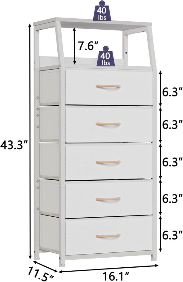 White Tall Dresser for Bedroom, 5 Fabric Bins Tall Nightstand | Dorm Dresser, Vertical Storage for Closet, Chest of Drawer for Entryway, Nightstand Bedside Table, Metal Frame,Wood Top