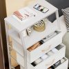 White Tall Dresser for Bedroom, 5 Fabric Bins Tall Nightstand | Dorm Dresser, Vertical Storage for Closet, Chest of Drawer for Entryway, Nightstand Bedside Table, Metal Frame,Wood Top