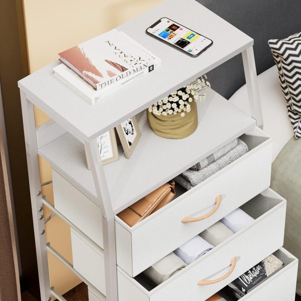 White Tall Dresser for Bedroom, 5 Fabric Bins Tall Nightstand | Dorm Dresser, Vertical Storage for Closet, Chest of Drawer for Entryway, Nightstand Bedside Table, Metal Frame,Wood Top