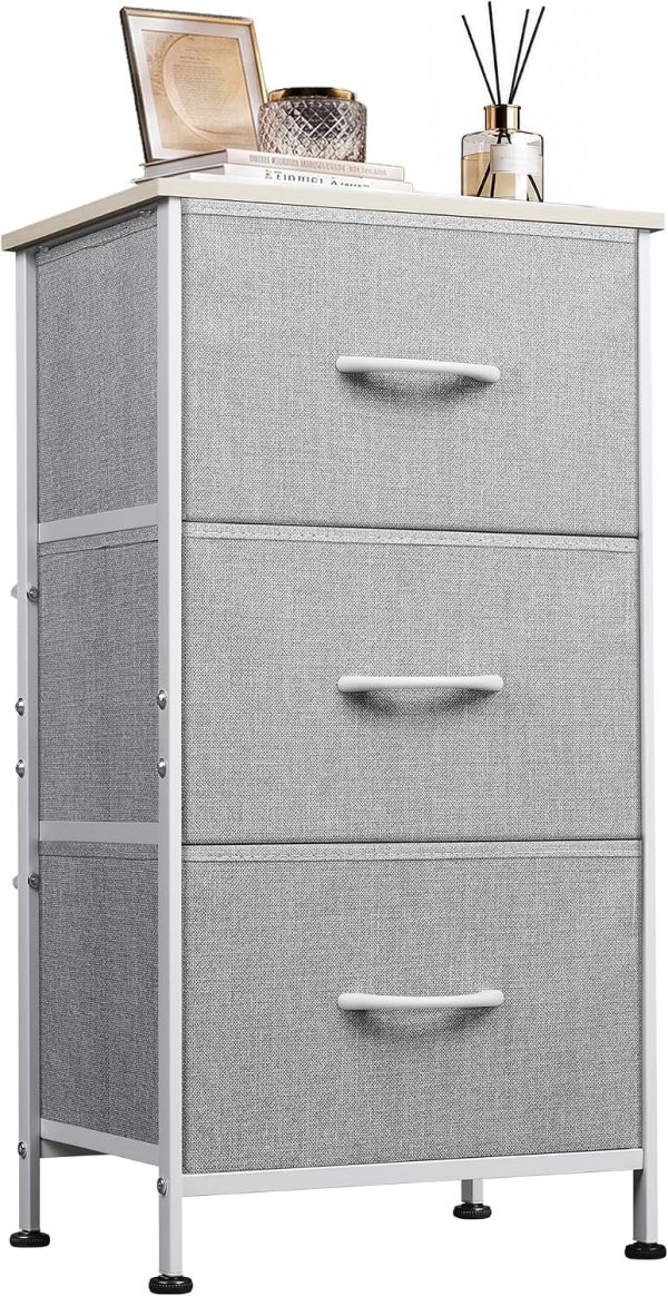 WLIVE Small Dresser Nightstand for Bedroom, 3 Drawers, Light Grey | 3 roomy fabric drawers, Compact nightstand, Bedroom or closet use, Chest of drawers, Dresser for small spaces