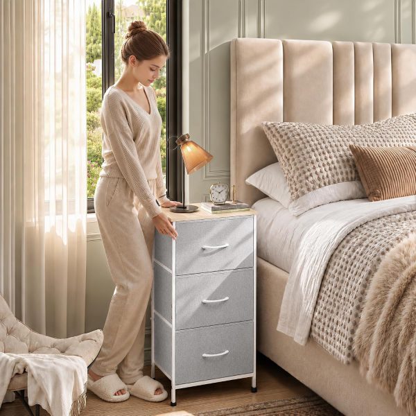 WLIVE Small Dresser Nightstand for Bedroom, 3 Drawers, Light Grey | 3 roomy fabric drawers, Compact nightstand, Bedroom or closet use, Chest of drawers, Dresser for small spaces