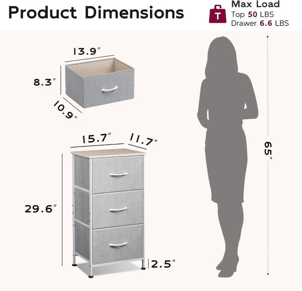 WLIVE Small Dresser Nightstand for Bedroom, 3 Drawers, Light Grey | 3 roomy fabric drawers, Compact nightstand, Bedroom or closet use, Chest of drawers, Dresser for small spaces