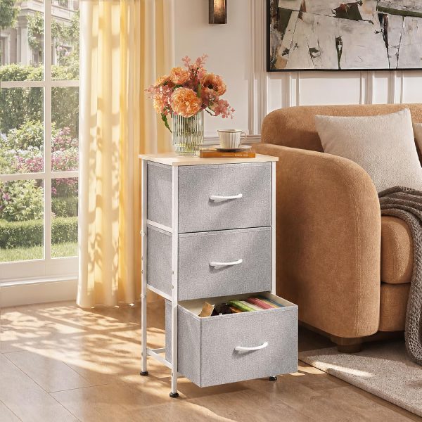 WLIVE Small Dresser Nightstand for Bedroom, 3 Drawers, Light Grey | 3 roomy fabric drawers, Compact nightstand, Bedroom or closet use, Chest of drawers, Dresser for small spaces