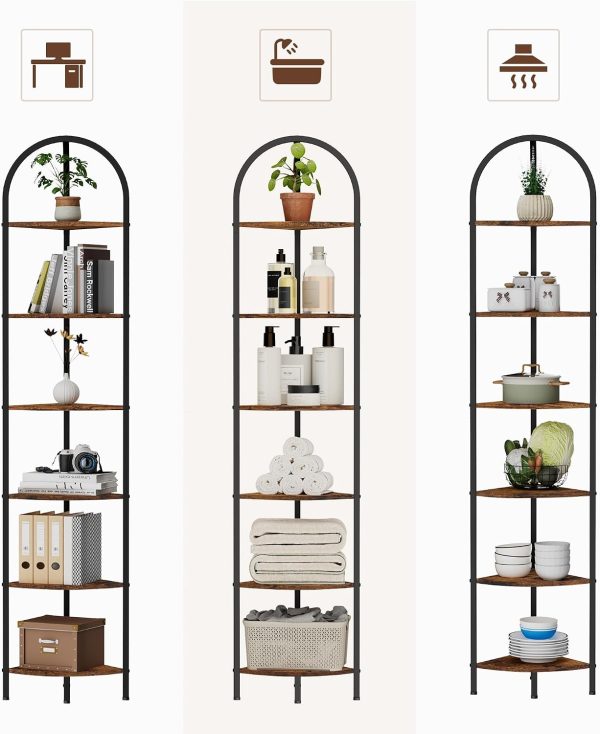 WF2883MAX_4 Homhedy 6-Tier Arched Corner Shelf Stand, Wall Corner Bookshelf