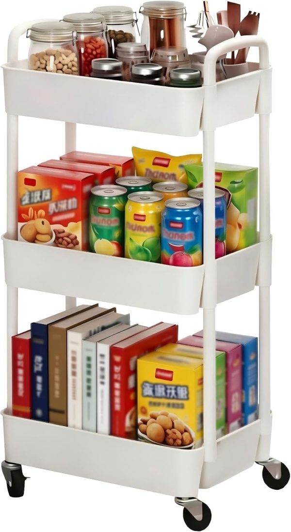 WF3530MAX_1 Sywhitta 3-Tier Plastic Rolling Utility Cart with Wheels for Storage,White | Multi-Functional Storage Trolley, for Office, Living Room, Kitchen, Bathroom,Movable Organizer,Space-Saving,Easy to assemble