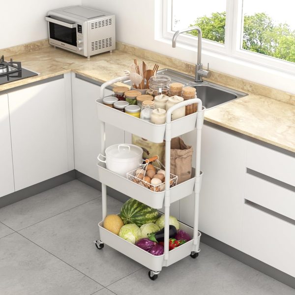 WF3530MAX_4 Sywhitta 3-Tier Plastic Rolling Utility Cart with Wheels for Storage,White | Multi-Functional Storage Trolley, for Office, Living Room, Kitchen, Bathroom,Movable Organizer,Space-Saving,Easy to assemble