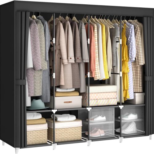 67" Portable Wardrobe Closet for Hanging Clothes Large Capacity for Bedroom | Non-woven Fabric Cover, 4 Clothes Hanging Rods, 8 Storage Shelves, Black