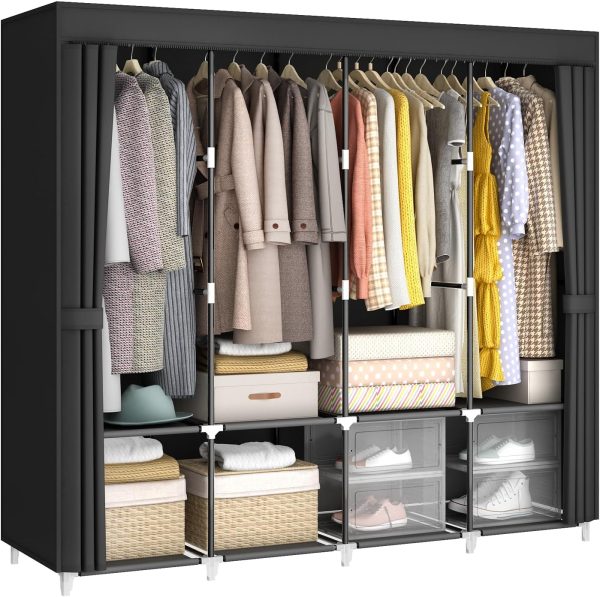 67" Portable Wardrobe Closet for Hanging Clothes Large Capacity for Bedroom | Non-woven Fabric Cover, 4 Clothes Hanging Rods, 8 Storage Shelves, Black
