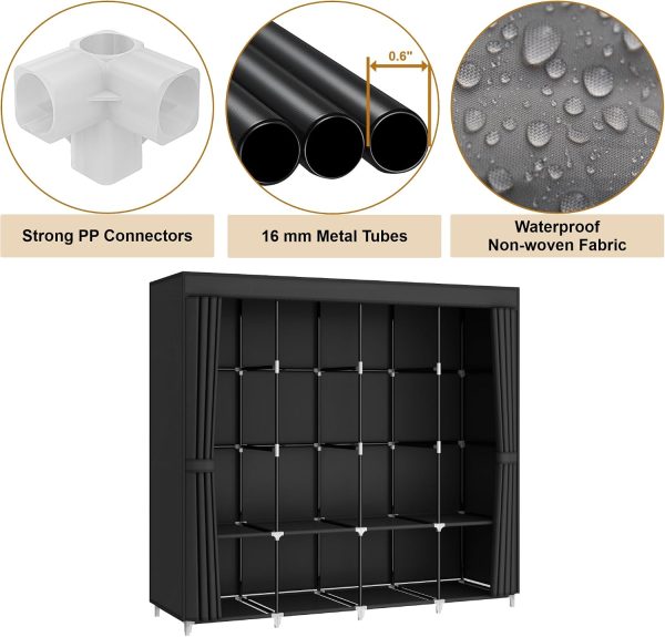 67" Portable Wardrobe Closet for Hanging Clothes Large Capacity for Bedroom | Non-woven Fabric Cover, 4 Clothes Hanging Rods, 8 Storage Shelves, Black
