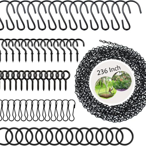 YINGFENG 236 Inch Black Metal Hanging Chains and Hanging Basket Hooks Set for Bird Feeders, Birdbaths, Planters, Grow Lights, Lanterns, Wind Chime and Ornaments, Eye Screws, Chain Hooks DIY