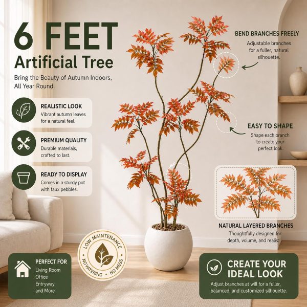 WF3816MAX_2 Artificial Sumac Tree 6FT, Tall Fake Plant Indoor with Pot, Realistic Faux Tree for Living Room Bedroom Office Corner Decor, Artificial Mahonia Fortunei Tree Housewarming