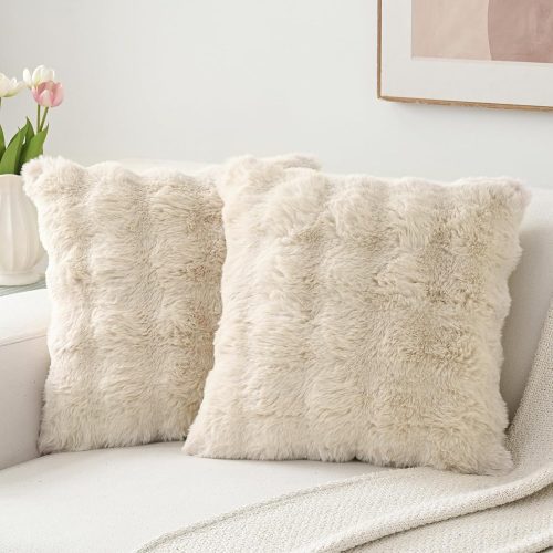 WF3863MAX_1 Volcanics Set of 2 Thick Plush Faux Wool Beige Throw Pillow Covers 18x18