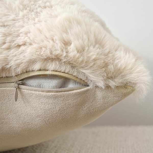 Volcanics Set of 2 Thick Plush Faux Wool Beige Throw Pillow Covers 18x18