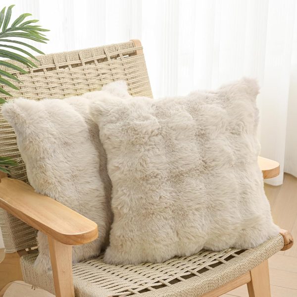 Volcanics Set of 2 Thick Plush Faux Wool Beige Throw Pillow Covers 18x18