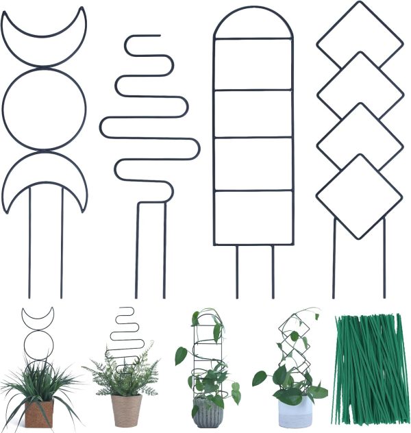 WF4262MAX_1 Wellsign 16inch Small Indoor Plant Trellis for Climbing Plants Outdoor | 4PK Black Garden Metal Trellis for Potted Plants with Different Patterns for Vine Ivy Flower Plant Support