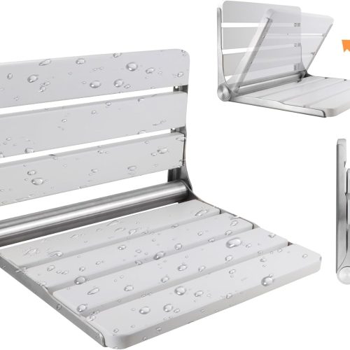 Teak Folding Shower Seat Wall Mounted, 16" Foldable Shower Bench, 400lbs Max Load, Space-Saving Fold Down Design for Seniors, Elderly & Small Shower Spaces (White, 16 inchs)