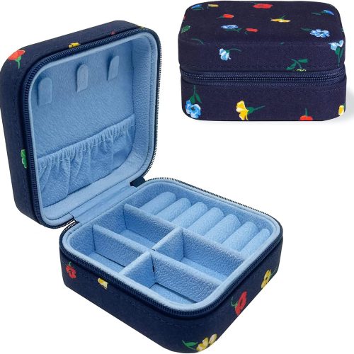 kate spade new york Travel Jewelry Case, Garden Toss | Small Square Case, Navy Blue Floral Jewelry Box Organizer for Rings, Necklaces, Earrings On-the-Go with Zipper Closure