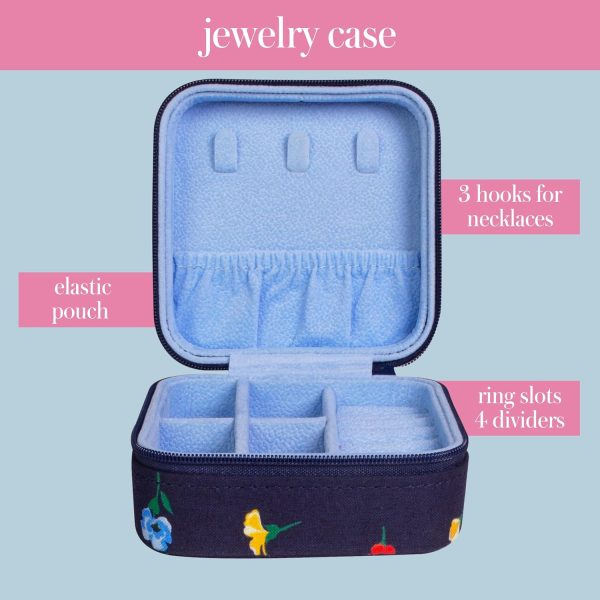 kate spade new york Travel Jewelry Case, Garden Toss | Small Square Case, Navy Blue Floral Jewelry Box Organizer for Rings, Necklaces, Earrings On-the-Go with Zipper Closure