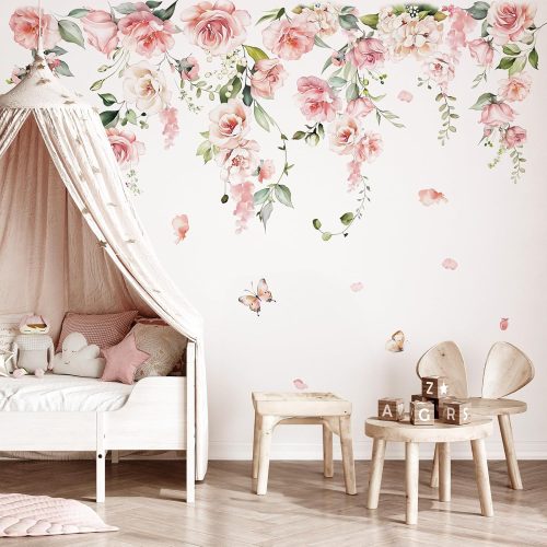 decalmile Pink Peony Flower Rose Floral Wall Decals Stickers (XL)