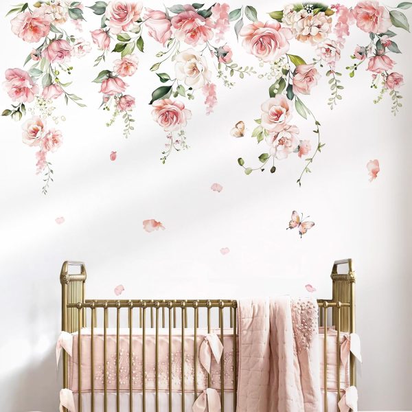 decalmile Pink Peony Flower Rose Floral Wall Decals Stickers (XL)