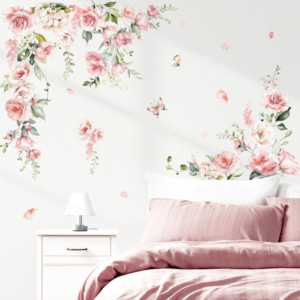 decalmile Pink Peony Flower Rose Floral Wall Decals Stickers (XL)