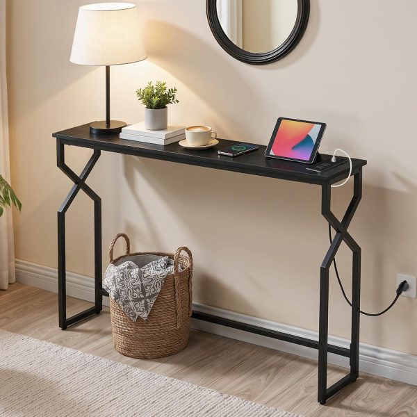 MAHANCRIS 44.9" Sofa Table, 9.4" Narrow Console Table with Charging Station