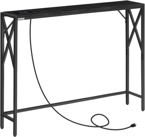 MAHANCRIS 5.9" Narrow Sofa Table with Charging Station, 39.4 Behind Couch Table with Outlet, Slim Entryway Console Table, Small Space, for Hallway, Living Room, Foyer, Black CTHB151E01