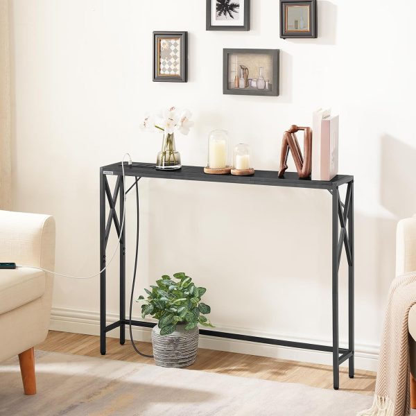 MAHANCRIS 5.9" Narrow Sofa Table with Charging Station, 39.4 Behind Couch Table with Outlet, Slim Entryway Console Table, Small Space, for Hallway, Living Room, Foyer, Black CTHB151E01