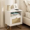 WF4956MAX_1 Masupu Rattan Nightstand with Charging Station,Modern Boho Farmhouse Wood Bedside Table with Storage Drawer and Open Shelf,Small Gold Frame Side End Table for Bedroom,Living Room,Office White