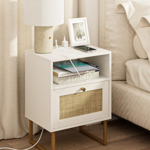 WF4956MAX_1 Masupu Rattan Nightstand with Charging Station,Modern Boho Farmhouse Wood Bedside Table with Storage Drawer and Open Shelf,Small Gold Frame Side End Table for Bedroom,Living Room,Office White