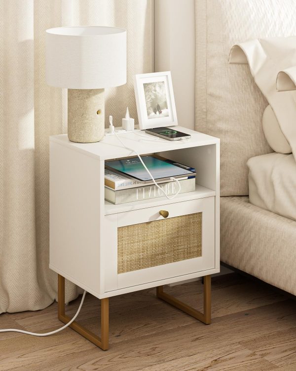 WF4956MAX_1 Masupu Rattan Nightstand with Charging Station,Modern Boho Farmhouse Wood Bedside Table with Storage Drawer and Open Shelf,Small Gold Frame Side End Table for Bedroom,Living Room,Office White