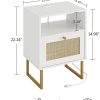 WF4956MAX_2 Masupu Rattan Nightstand with Charging Station,Modern Boho Farmhouse Wood Bedside Table with Storage Drawer and Open Shelf,Small Gold Frame Side End Table for Bedroom,Living Room,Office White