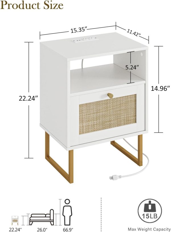 WF4956MAX_2 Masupu Rattan Nightstand with Charging Station,Modern Boho Farmhouse Wood Bedside Table with Storage Drawer and Open Shelf,Small Gold Frame Side End Table for Bedroom,Living Room,Office White